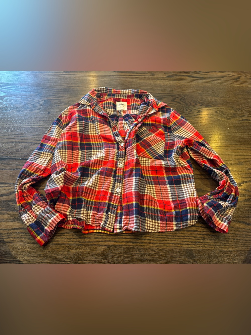 aerie Red Navy Plaid Long-Sleeve Button-Up Pajama Top